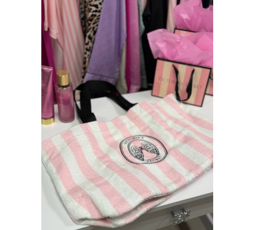 Пляжна махрова сумка у рожеву фірмову смужку Victoria’s Secret.